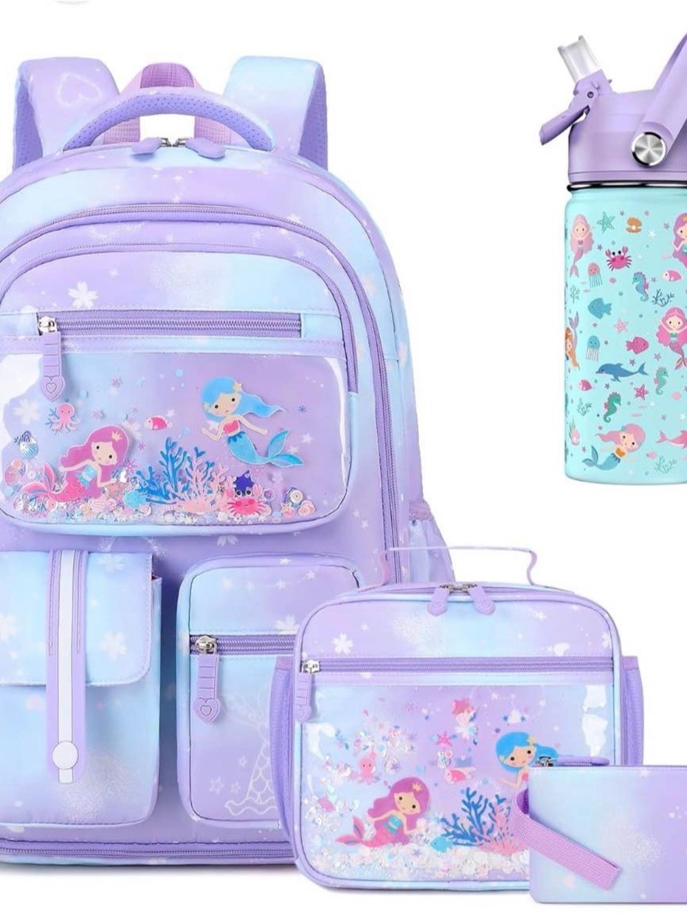 Kids Mermaid Backpack Set in Lavender and Aqua